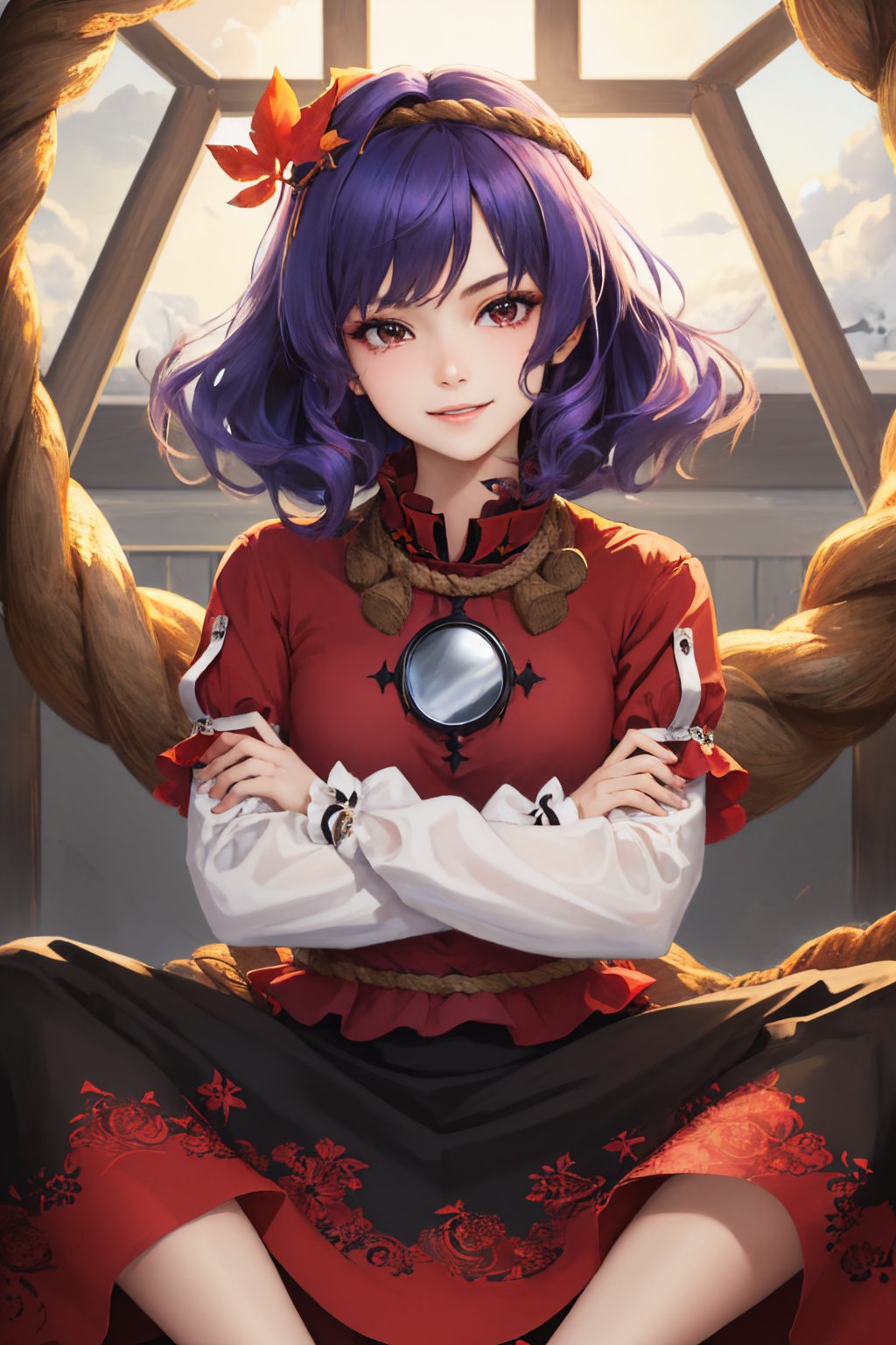00065-1799916486-(masterpiece, best quality_1.2), , solo, 1girl, yasaka kanako, smile, looking at viewer, sitting, crossed arms, shimenawa, rope,.jpg